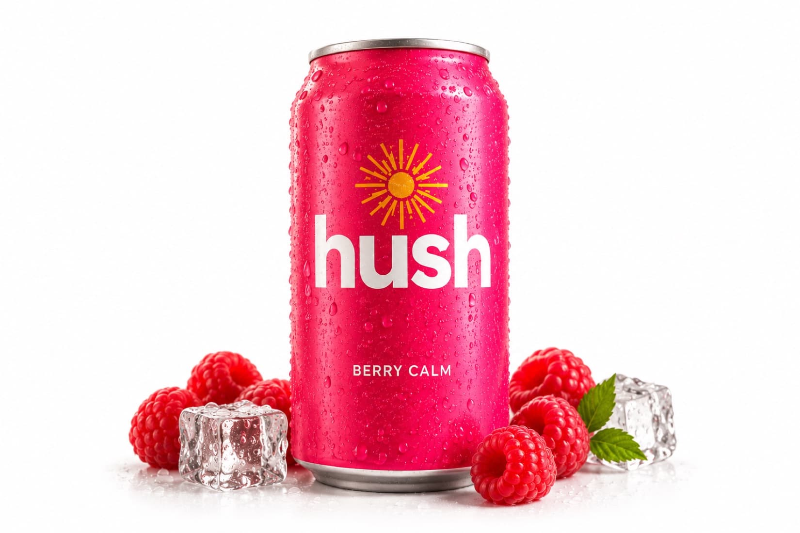 hush berry calm craft soda can with fresh raspberries and ice