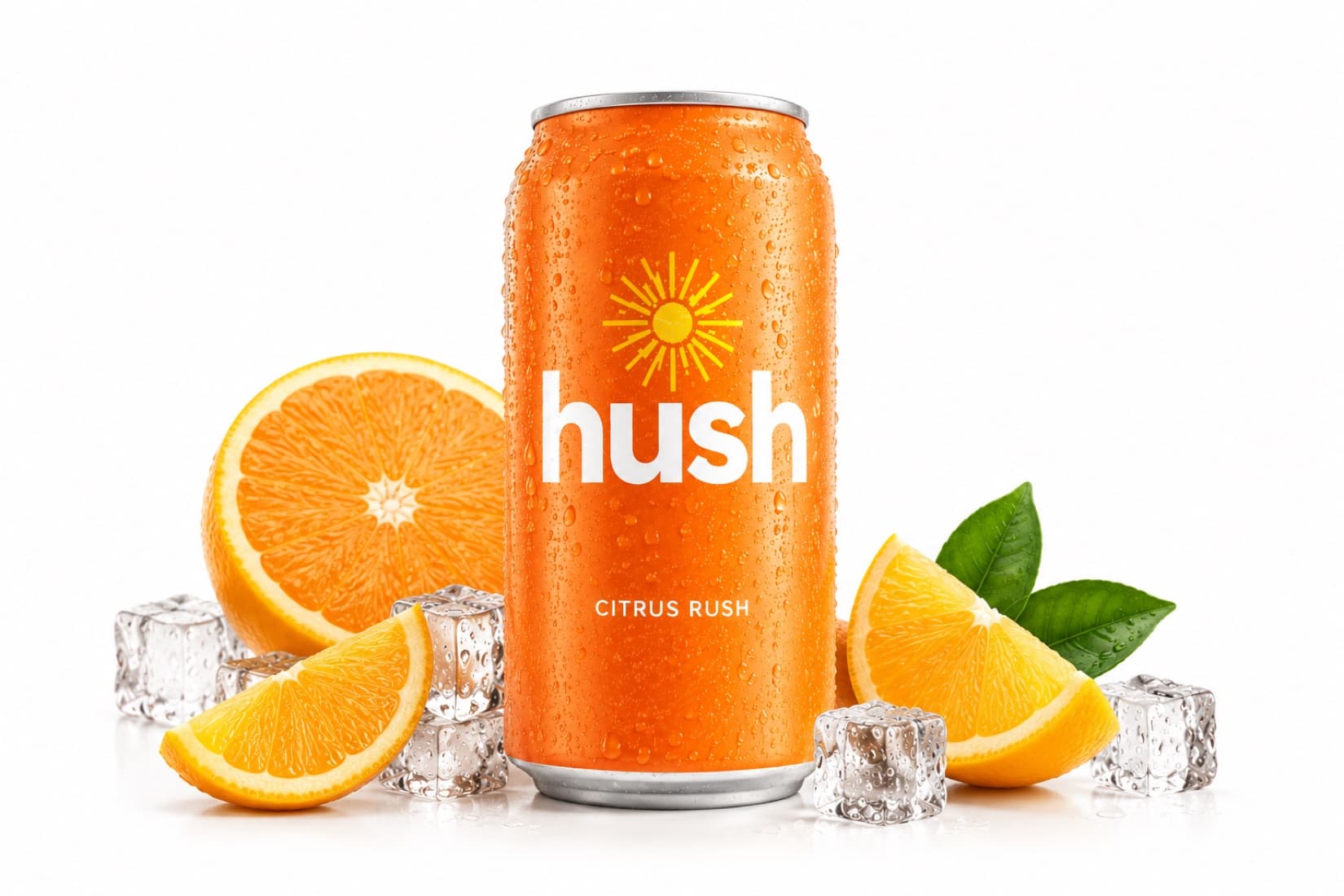 hush citrus hush craft soda can with fresh oranges and ice