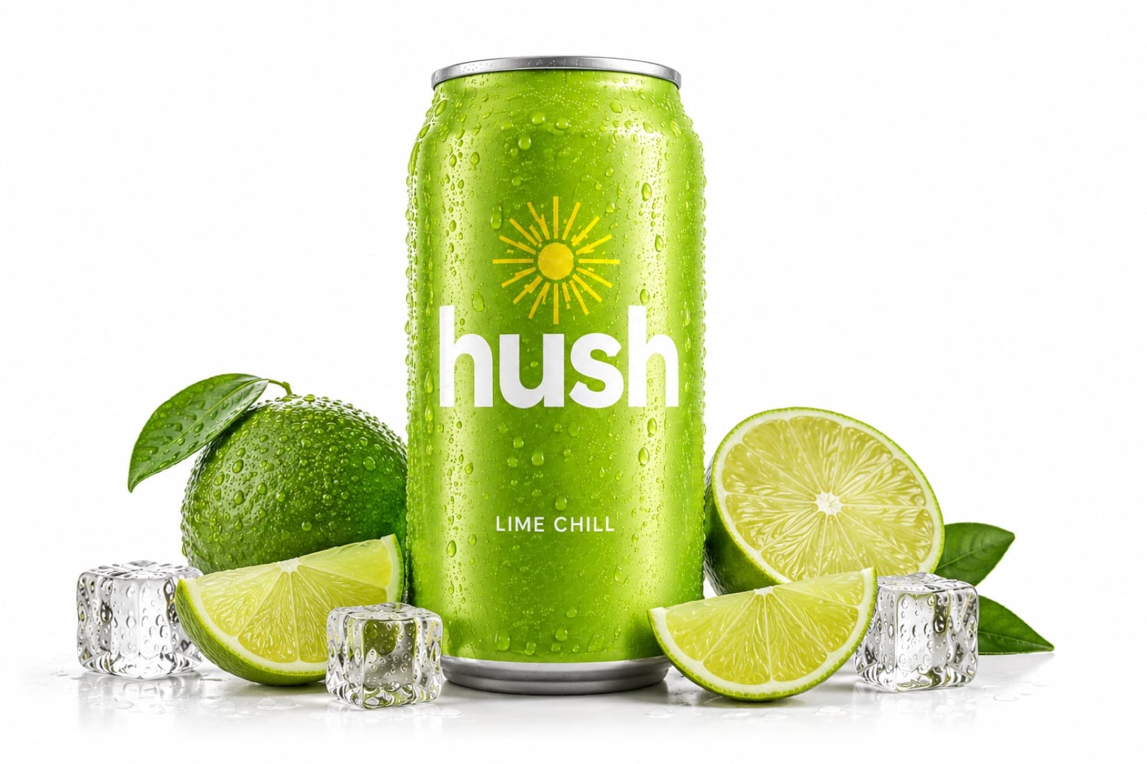 hush lime chill craft soda can with fresh limes and ice