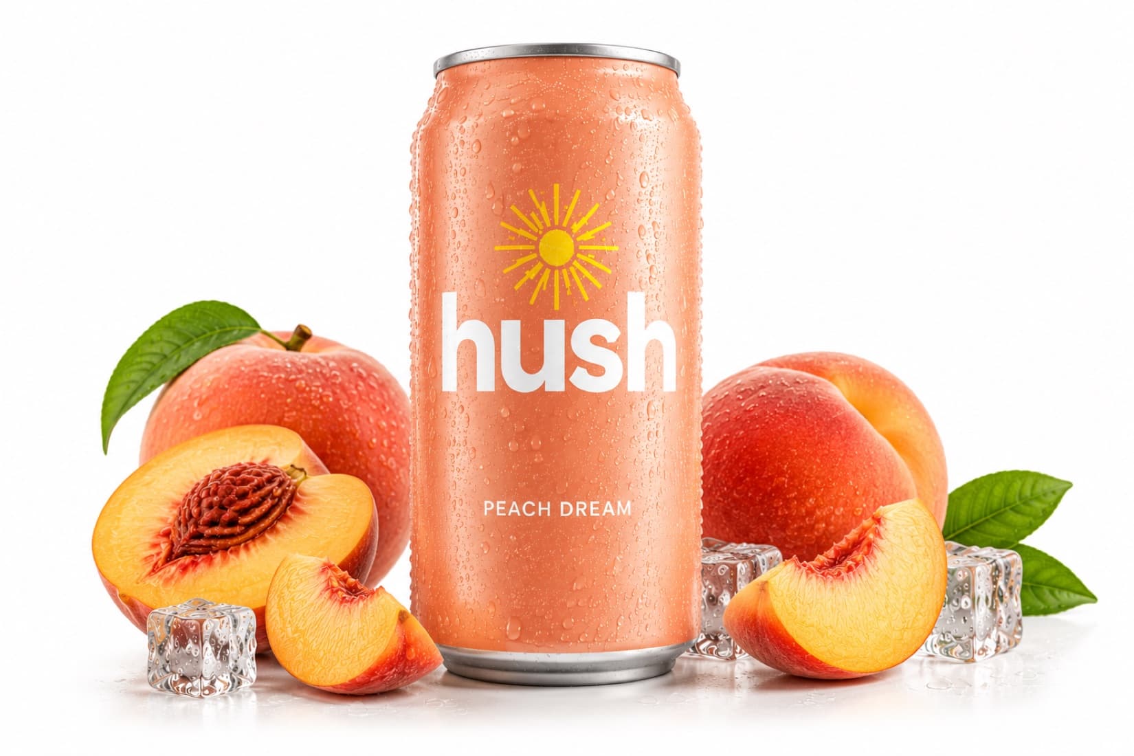 hush stone fruit craft soda can with fresh peaches