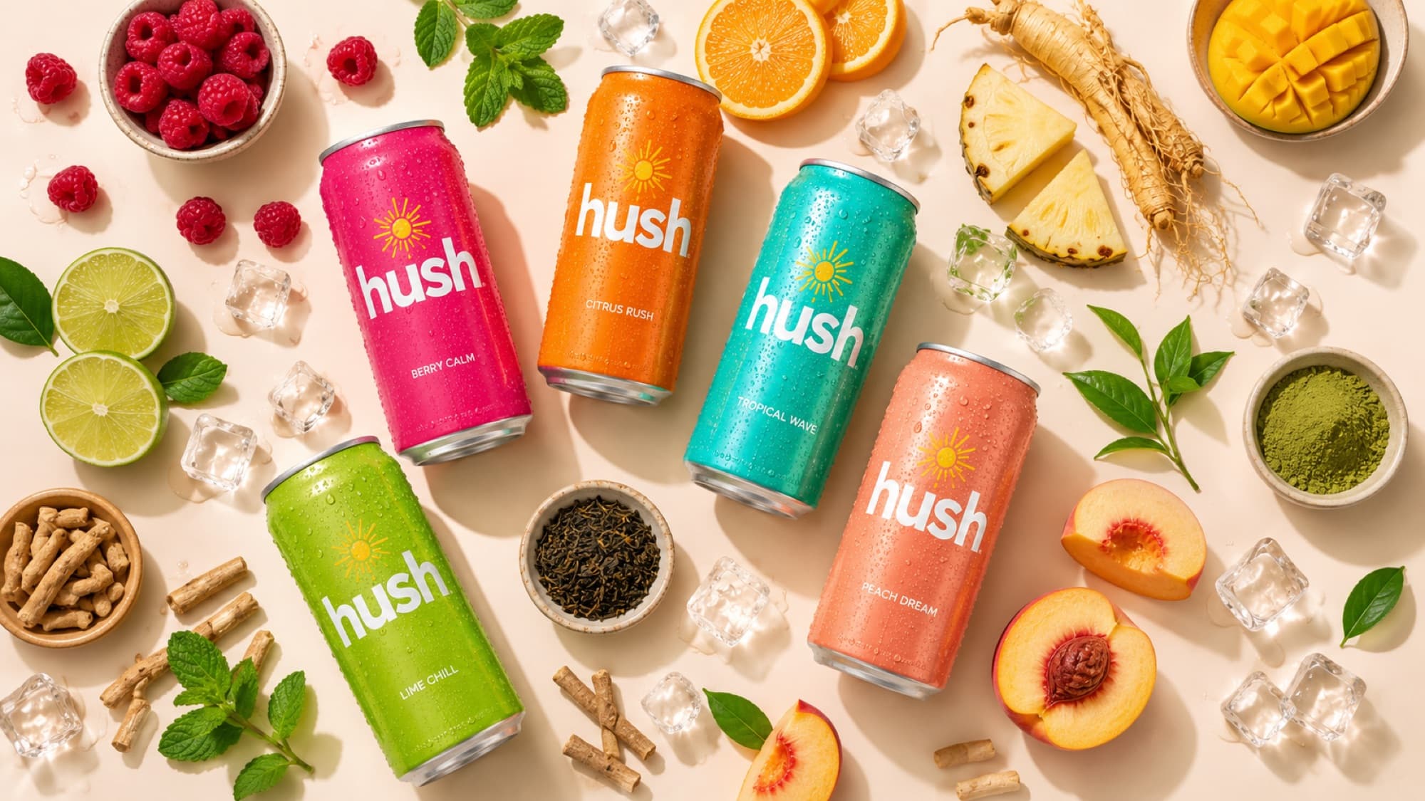 hush craft soda flat lay with fresh fruit, ice and adaptogen ingredients